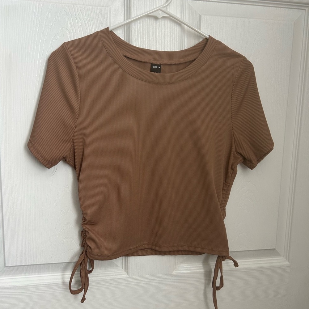 SHEIN Brown Tan Crop Ruched T-Shirt